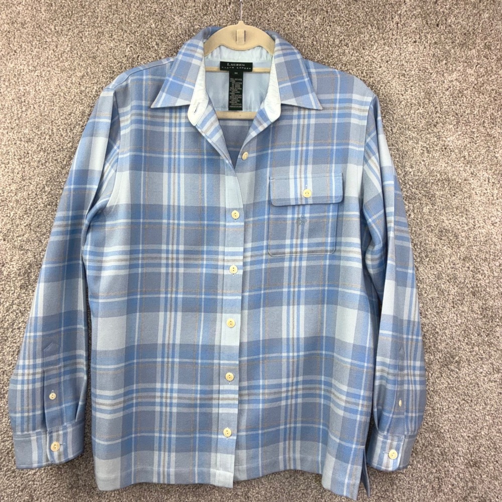 Lauren Ralph Lauren Wool Blue Plaid Button Down‎ Shirt Jacket Women M Classic